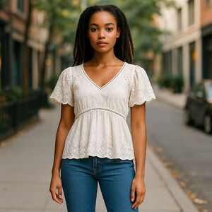 Emmer & Oat Ecru Lace V-Neck Baby Doll Empire Waist Short Sleeve Top Size Small